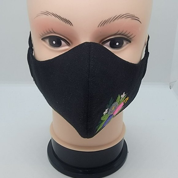 New Face cover ear loop black Mask Women's Embroidered handmade  bouquet flower - Picture 2 of 5